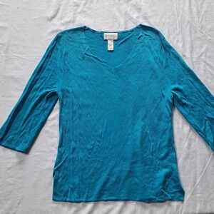 Sarah Arizona Womens XL Turquoise Blue Rayon V-Neck 3/4 Sleeve Knit Top Sweater